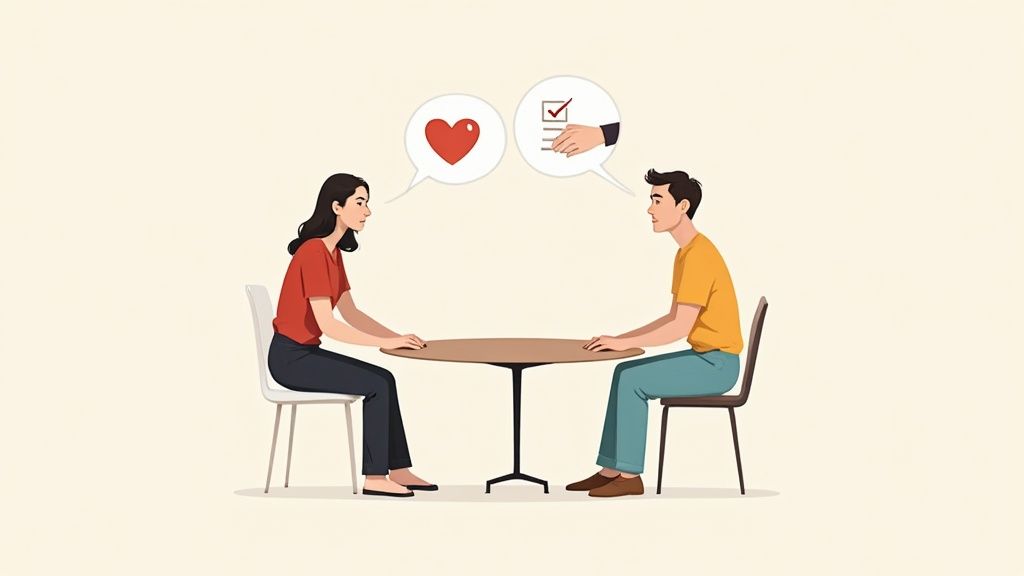 A man and a woman sit at a table, talking with a heart and checklist in thought bubbles.