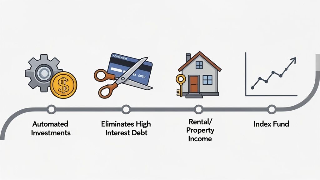 A financial roadmap showing steps for wealth: automated investments, debt elimination, property income, and index funds.