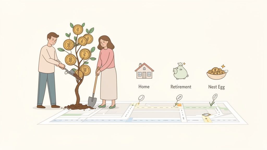 A couple waters and cultivates a money tree, while a map below shows paths to home, retirement, and nest egg goals.