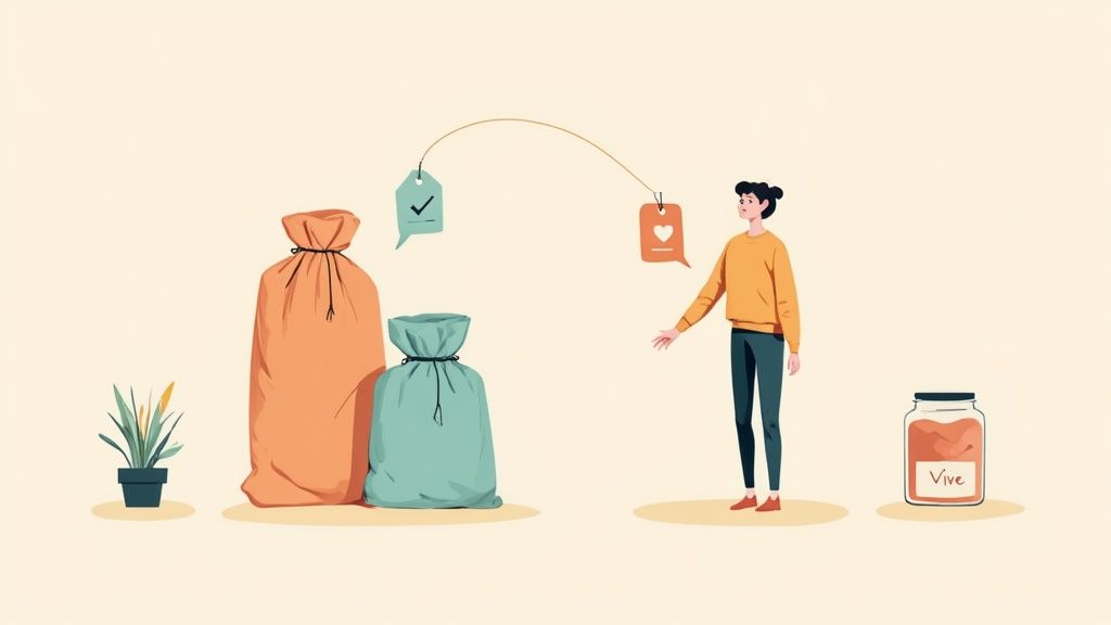 A young tween girl smiling as she places a coin into a charity donation jar.