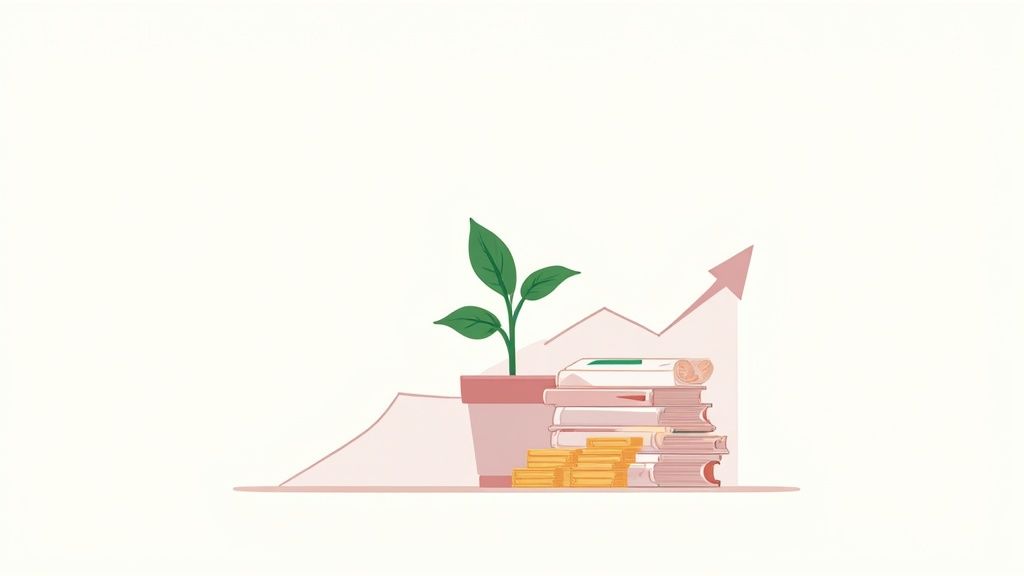A potted plant, stack of books, and coins illustrate financial growth, investment, and education.