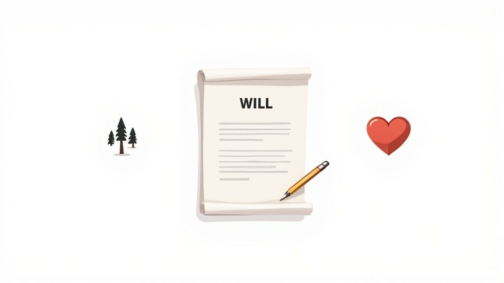 An illustrated will document with a pencil, trees, and a red heart, symbolizing inheritance and legacy.