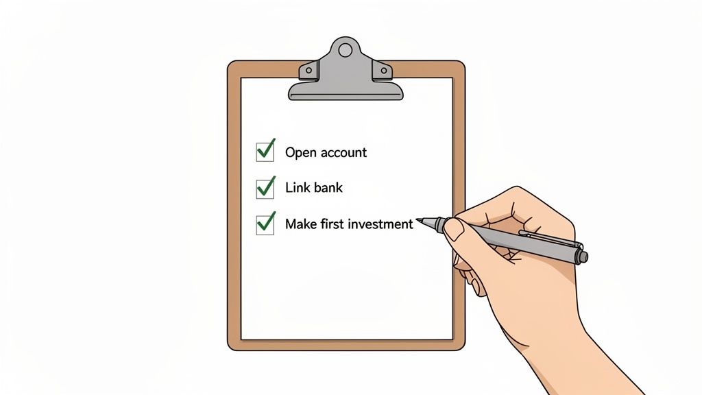 A hand checking off 'Open account', 'Link bank', and 'Make first investment' on a clipboard checklist.