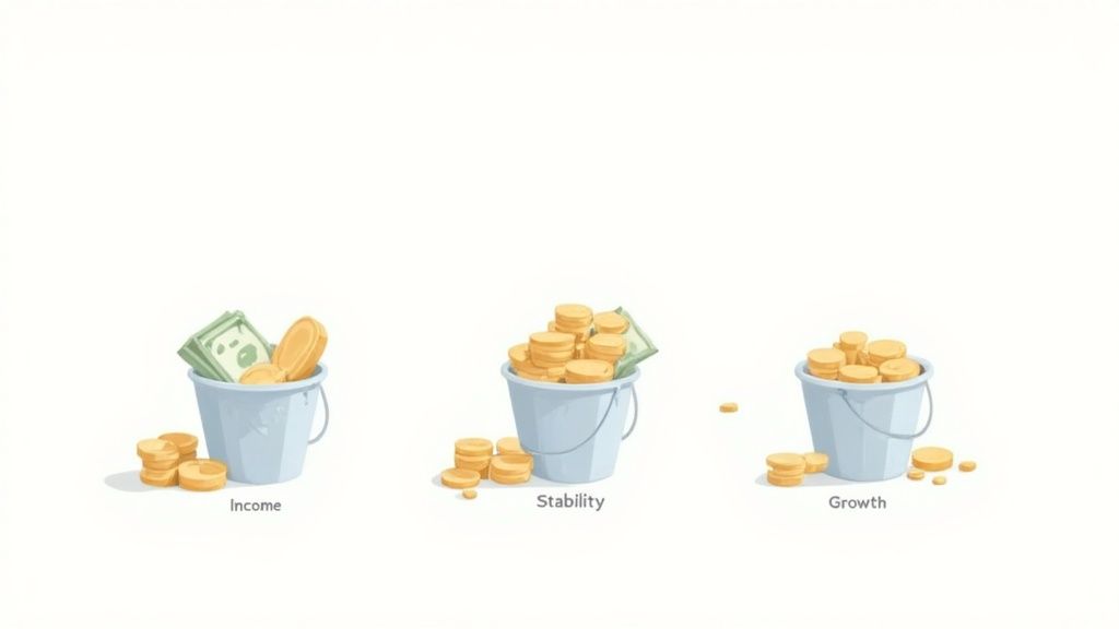 A small plant growing out of a stack of coins, symbolizing growth over time.