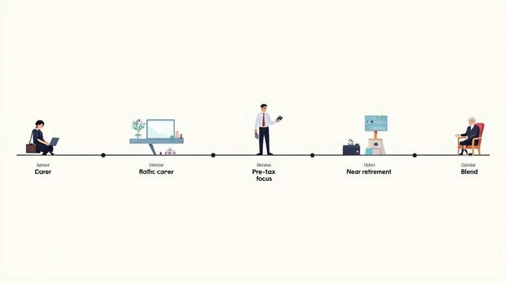 A timeline illustrating five life stages: Carer, Roflic carer, Pre-tax focus, Near retirement, and Blend.