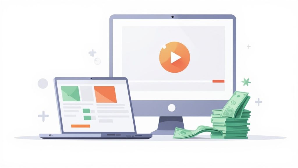 A laptop and desktop monitor displaying video content, alongside a large stack of money.