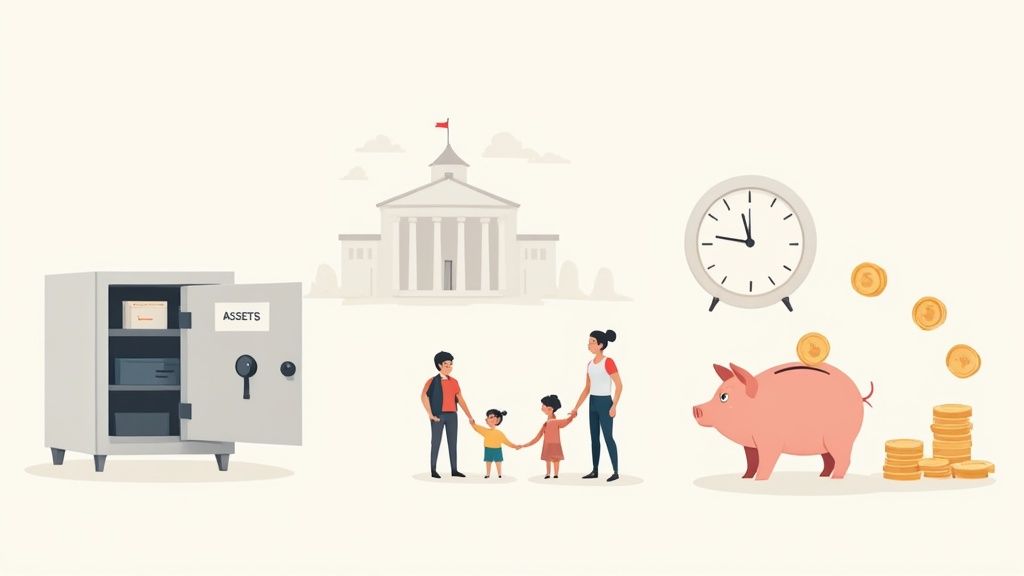 An illustration showing a safe with assets, a family, a government building, a clock, and a piggy bank with coins.