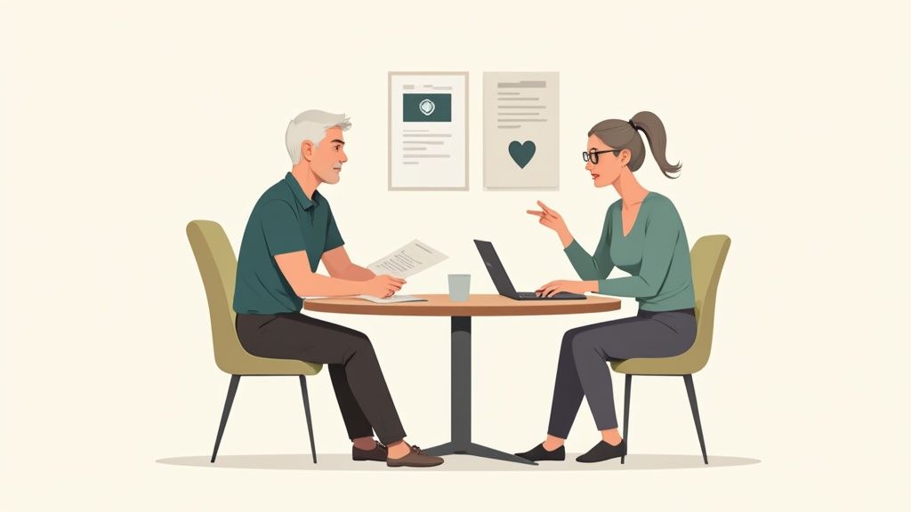 Two people, a man and a woman, discussing documents and a laptop at a table.