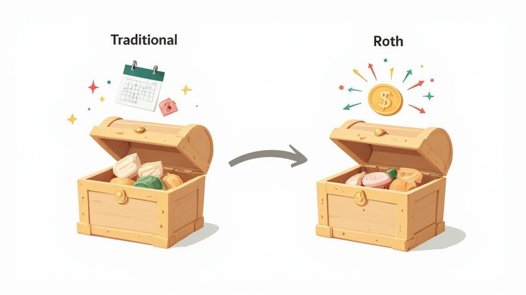 An hourglass with sand turning into a flourishing green plant, symbolizing the long-term growth and legacy potential of retirement savings.