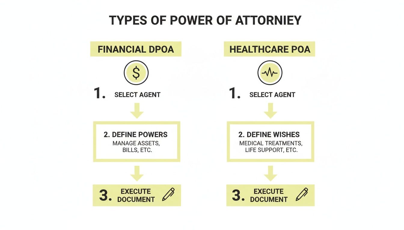Two flowcharts explain the steps to create Financial DPOA and Healthcare POA documents.