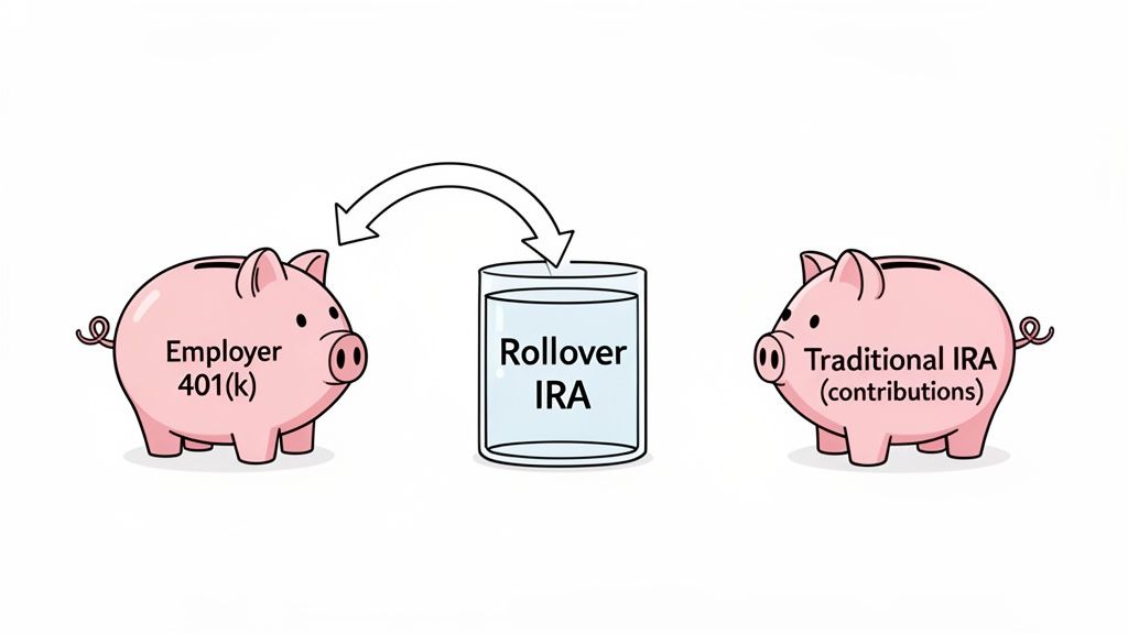 Diagram illustrating the transfer of funds from an Employer 401(k) to a Rollover IRA, and then to a Traditional IRA.