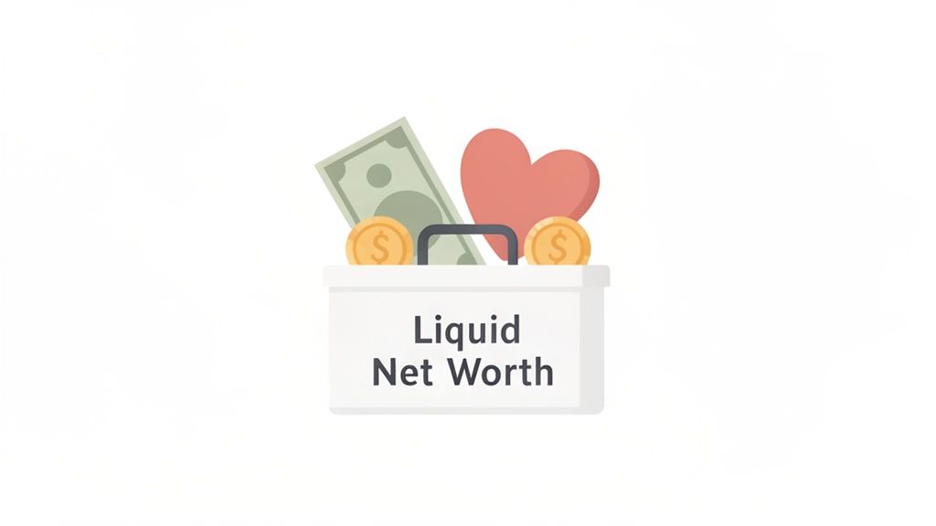 An illustrated white box filled with cash, coins, and a heart, symbolizing liquid net worth.