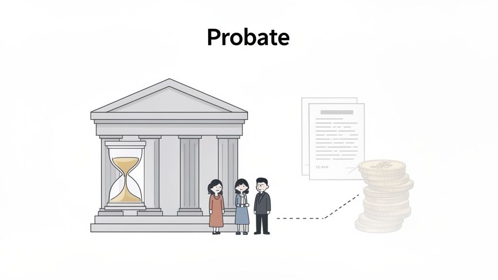 Illustration depicting the probate legal process with a courthouse, hourglass, people, legal documents, and a stack of coins.