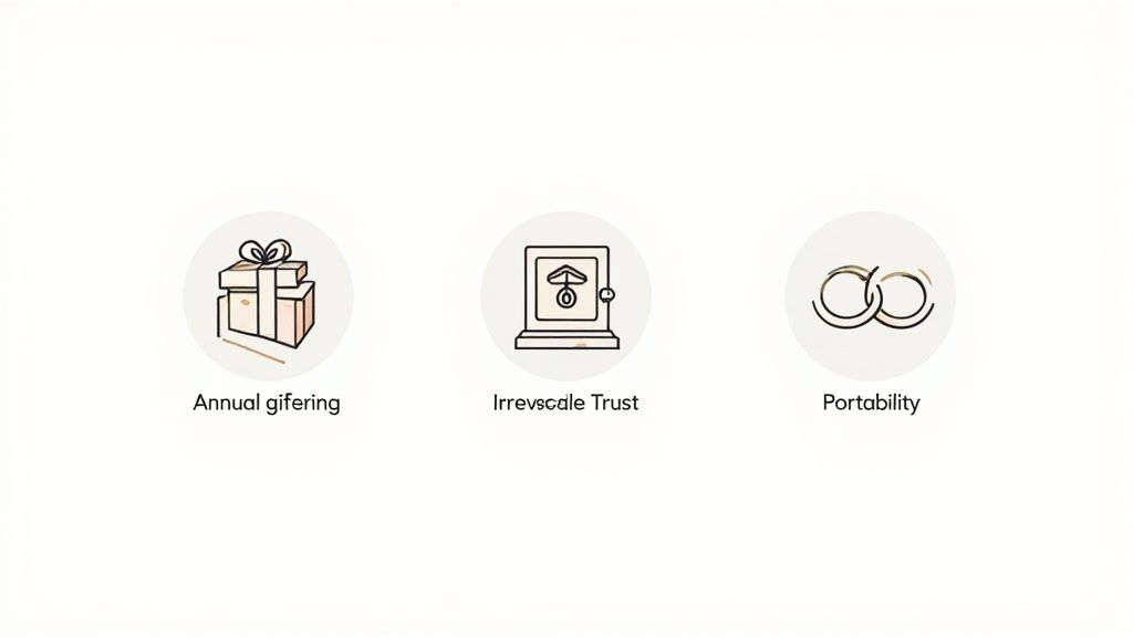 Three icons representing key estate planning concepts: annual giving, irrevocable trust, and portability.