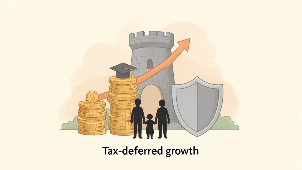 Illustration of tax-deferred growth showing money, education, family, protection, and increasing wealth.