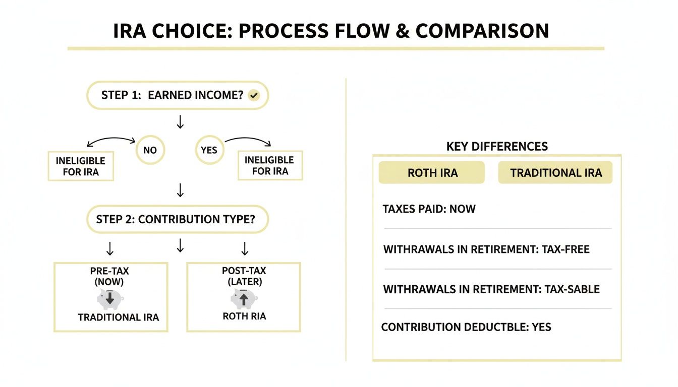 Flowchart for IRA choice process and comparison table of Roth versus Traditional IRAs.