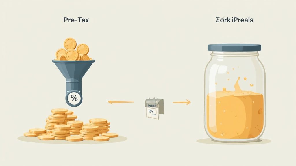 An illustration showing pre-tax coins flowing through a funnel with a percentage symbol into a jar.