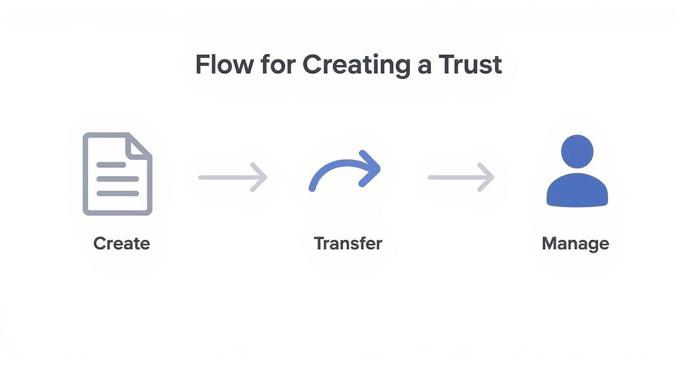 Flow chart illustrating the three key steps of creating a trust: create, transfer, and manage.