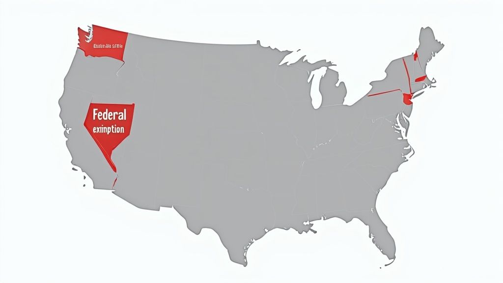 Map of the USA highlighting states in red with text 'Federal exemption' in some areas.