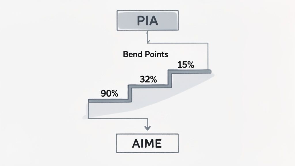 Flowchart illustrating Social Security's PIA calculation using bend points (90%, 32%, 15%) to AIME.