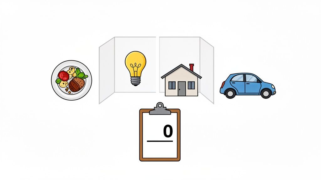 An illustration of common household expenses including food, electricity, a house, and a car, with a clipboard showing a '0'.