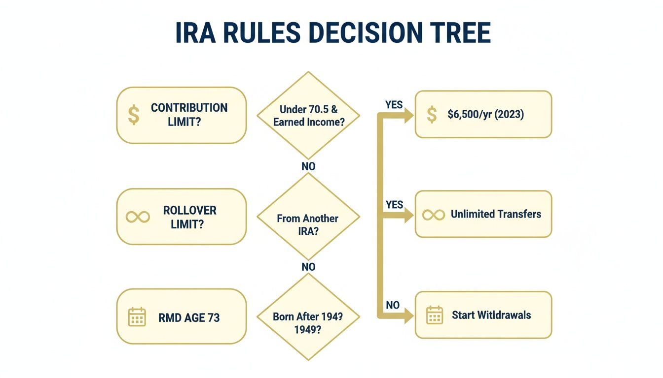 IRA rules decision tree flowchart outlining conditions for contribution, rollovers, and RMD age.