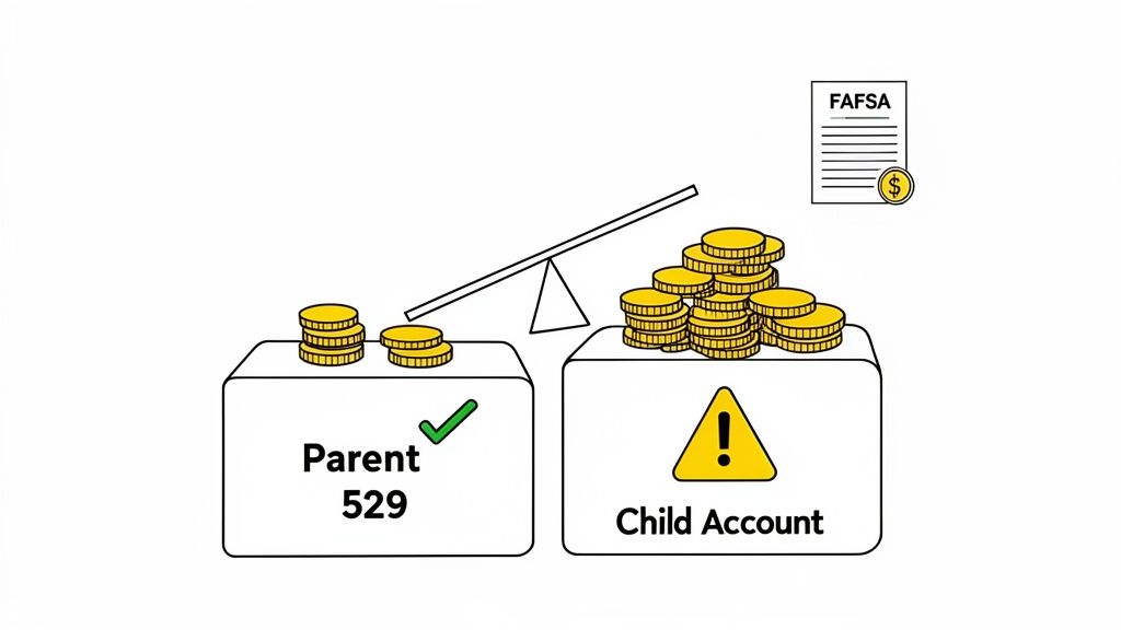 Illustration showing Parent 529 vs. Child Account impact on FAFSA financial aid.