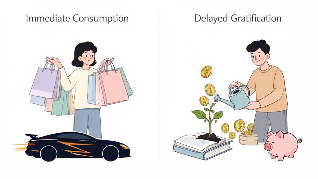 An illustration comparing immediate consumption (shopping, sports car) with delayed gratification (saving, investing, growing).