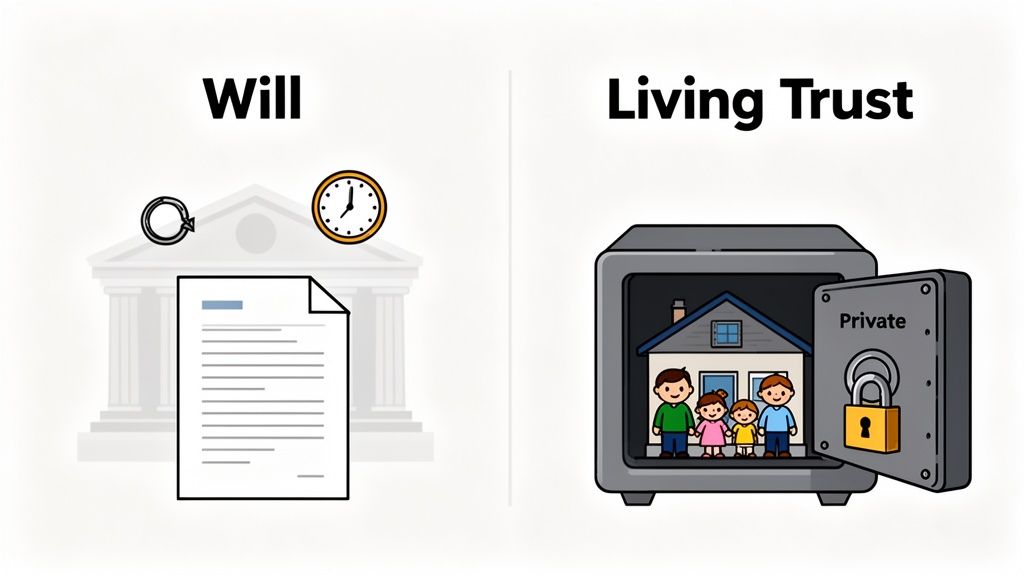 An image comparing a Will (document, court, time) and a Living Trust (family, house, safe, private) for estate planning.