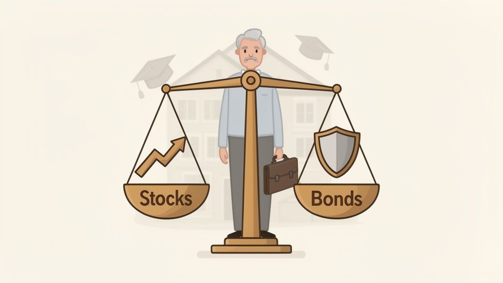 An older man balancing stocks and bonds on a scale, symbolizing prudent retirement asset allocation.