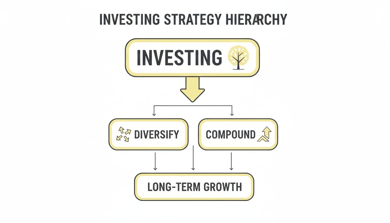 Flowchart illustrating an investing strategy hierarchy: Invest, then Diversify and Compound for Long-Term Growth.