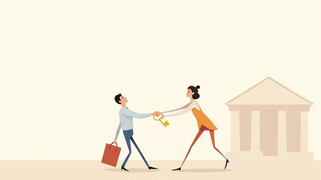 A man and a woman pulling a large golden key, representing property or assets, in front of a classical building.