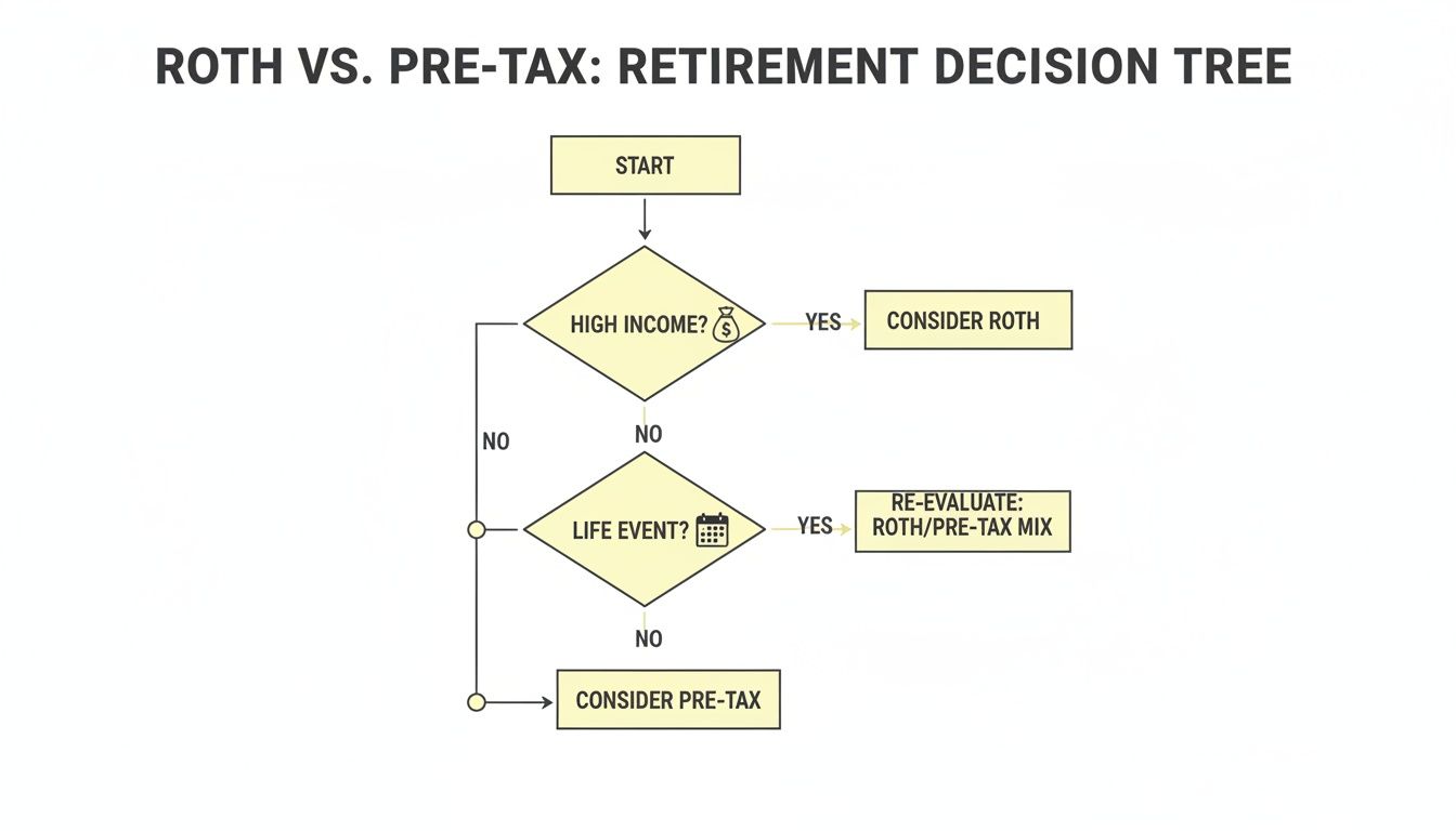 A decision tree flow chart guiding retirement savings choices between Roth and pre-tax options.