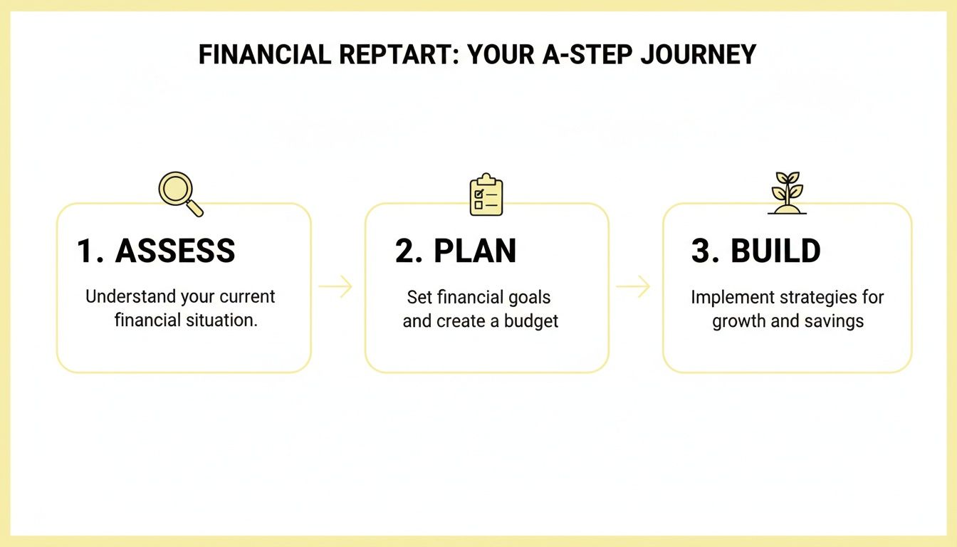 An infographic showing a 3-step financial journey: assess, plan, and build for growth and savings.