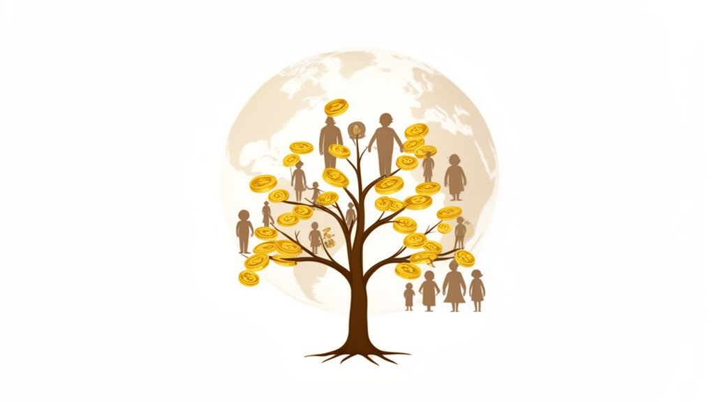 A brown money tree with golden coin leaves and silhouettes of people, set against a faint global map.