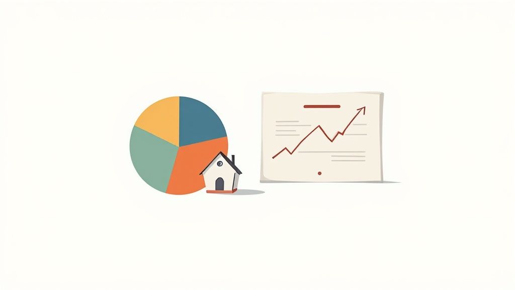 A pie chart, small house, and upward trending line graph, symbolizing real estate and financial growth.
