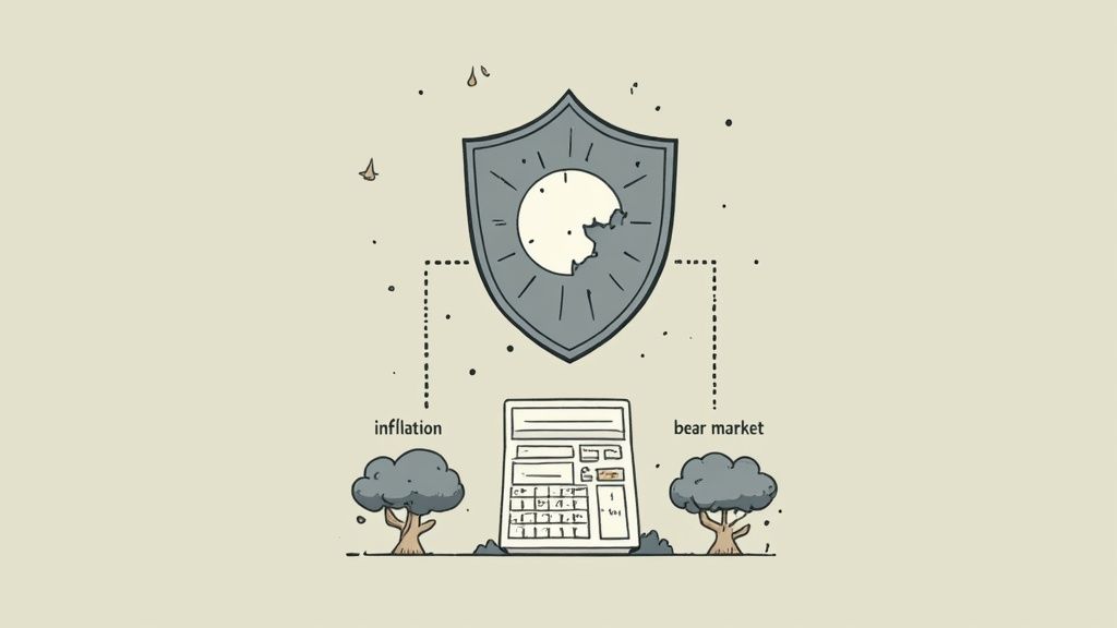 A magnifying glass hovering over a retirement plan document, symbolizing a close inspection or stress test.