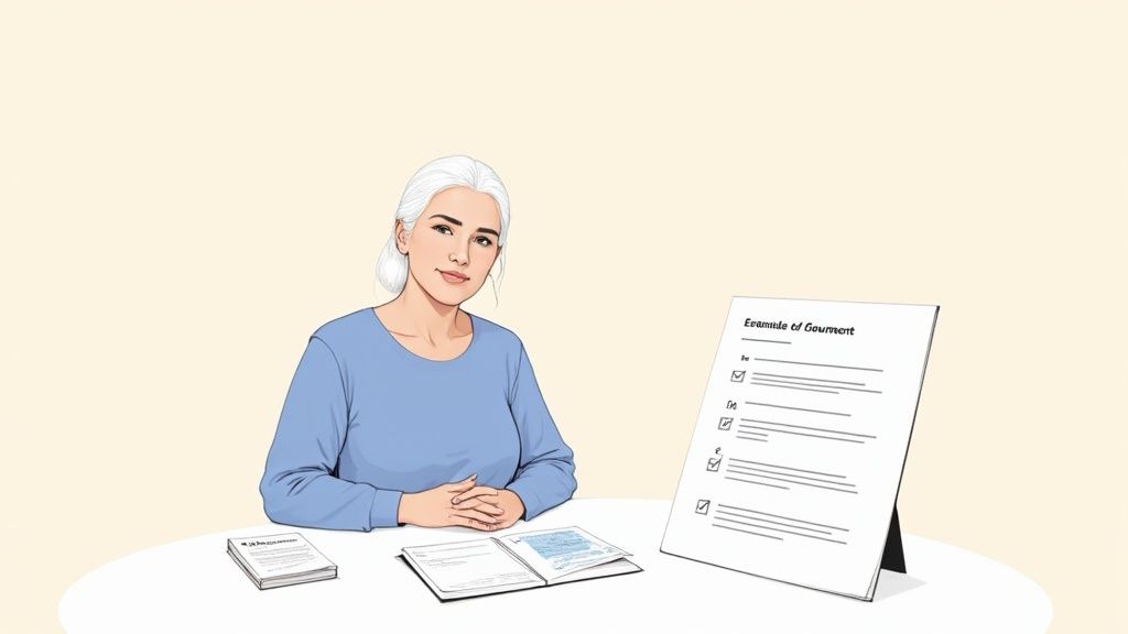 A woman at a desk with a laptop, calmly reviewing financial documents and making notes in a planner, symbolizing building a new financial plan.