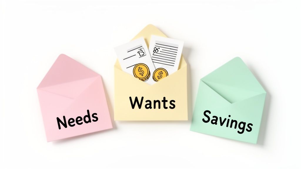 Three colorful envelopes labeled 'Needs', 'Wants', and 'Savings' for financial budgeting.