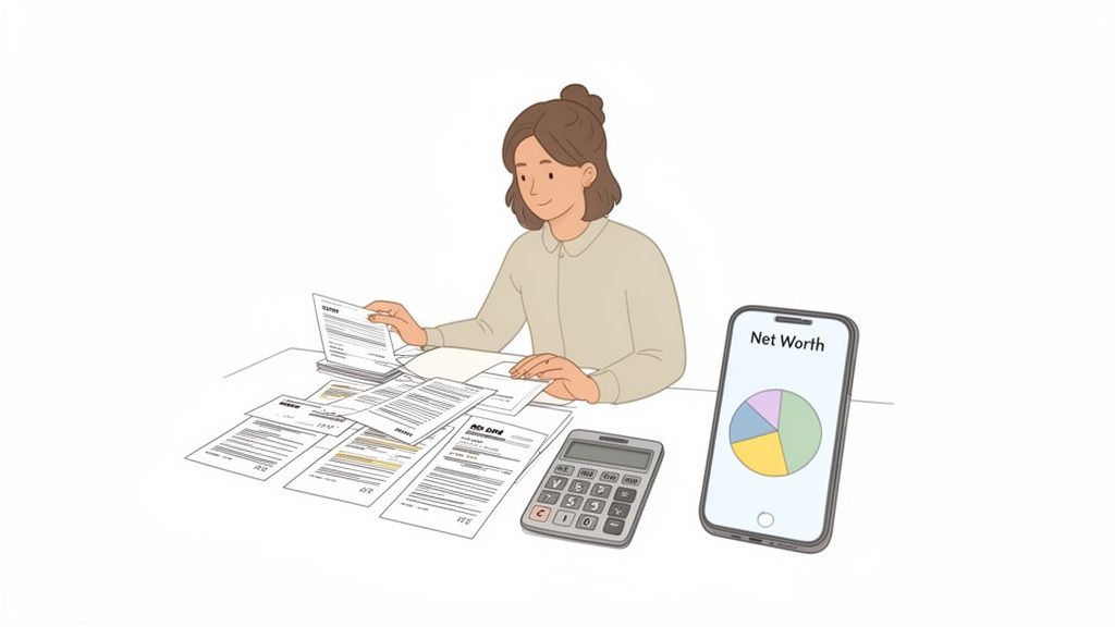 A woman organizes financial documents with a calculator and a smartphone showing a net worth pie chart.