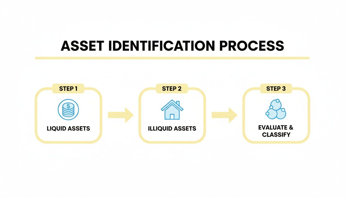 A three-step diagram illustrates the asset identification process, categorizing liquid and illiquid assets.