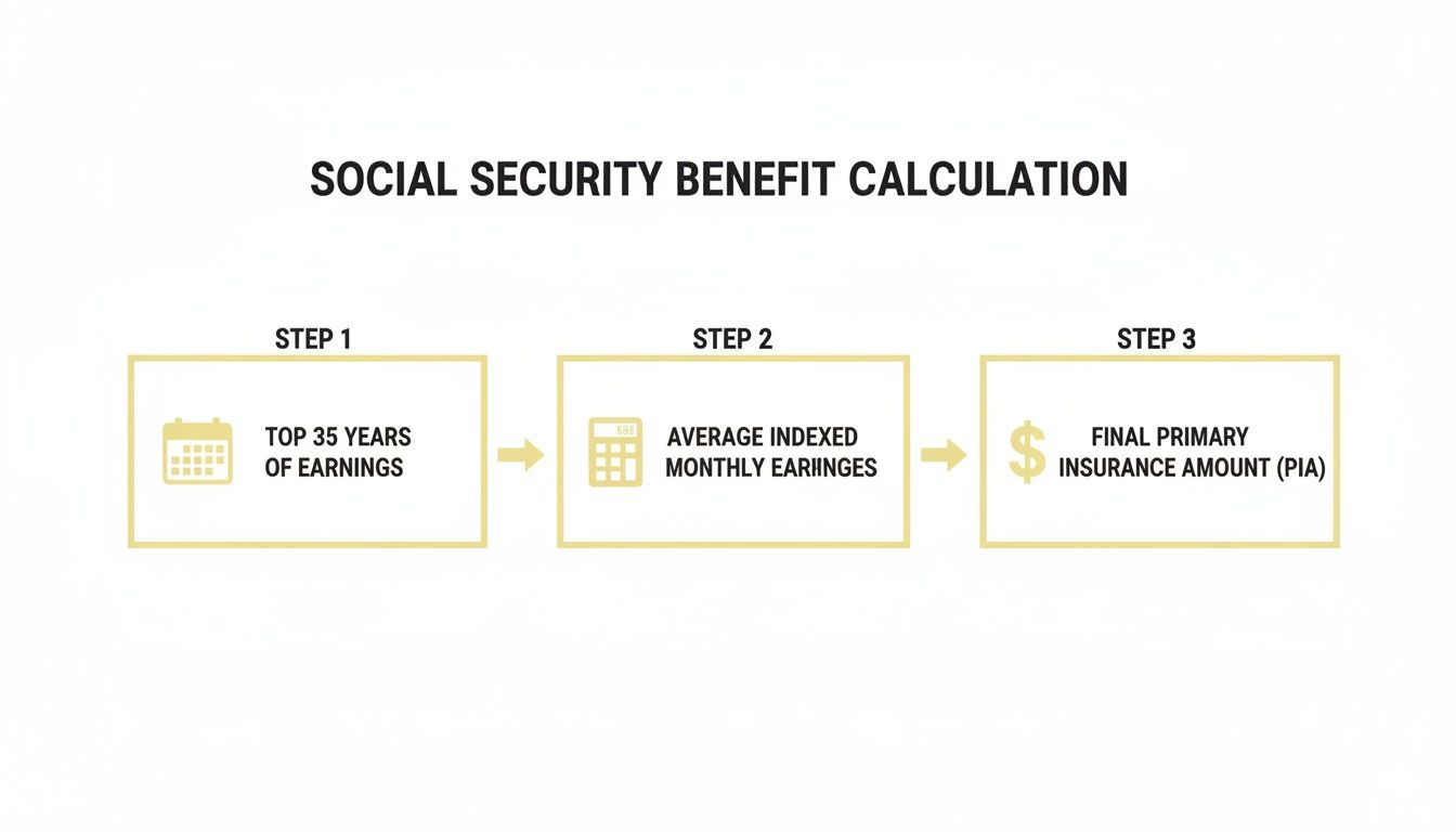 A three-step flowchart visually explains the Social Security benefit calculation process, from earnings to the final amount.