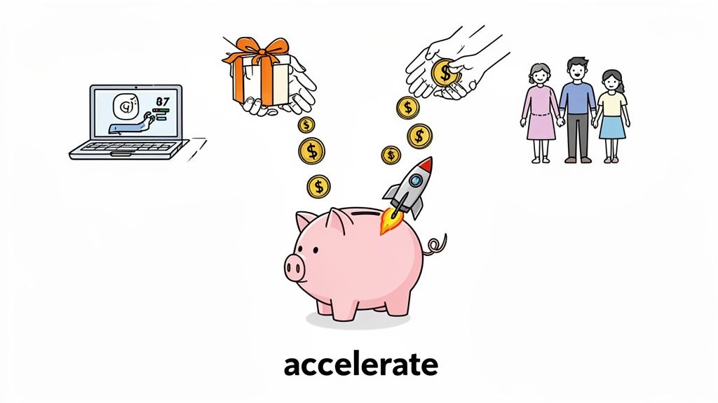 Illustration of hands giving gifts and money to a rocket-powered piggy bank, with a family and laptop, symbolizing accelerated savings.