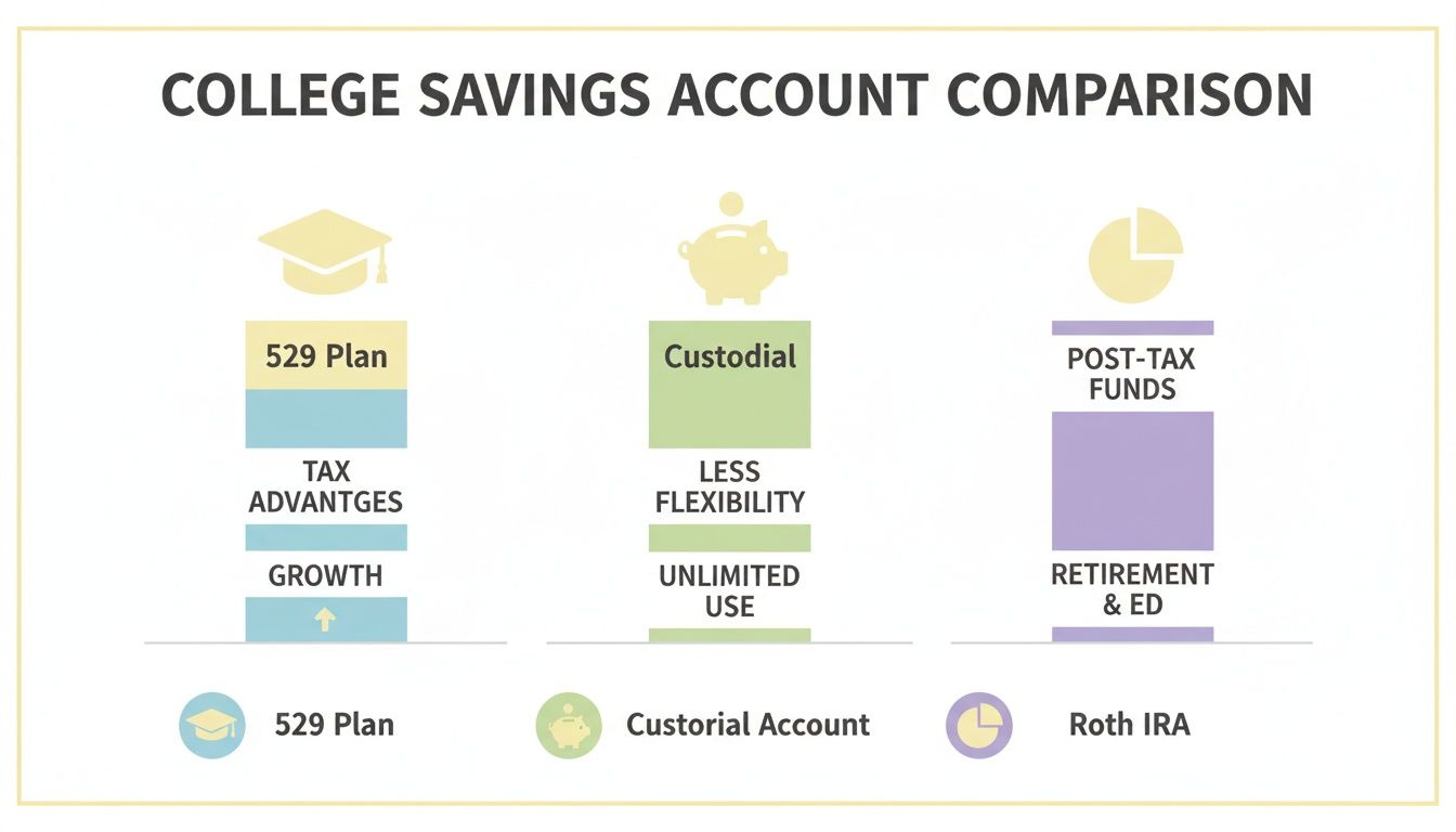 Comparison of college savings accounts: 529 Plan, Custodial, and Roth IRA features.