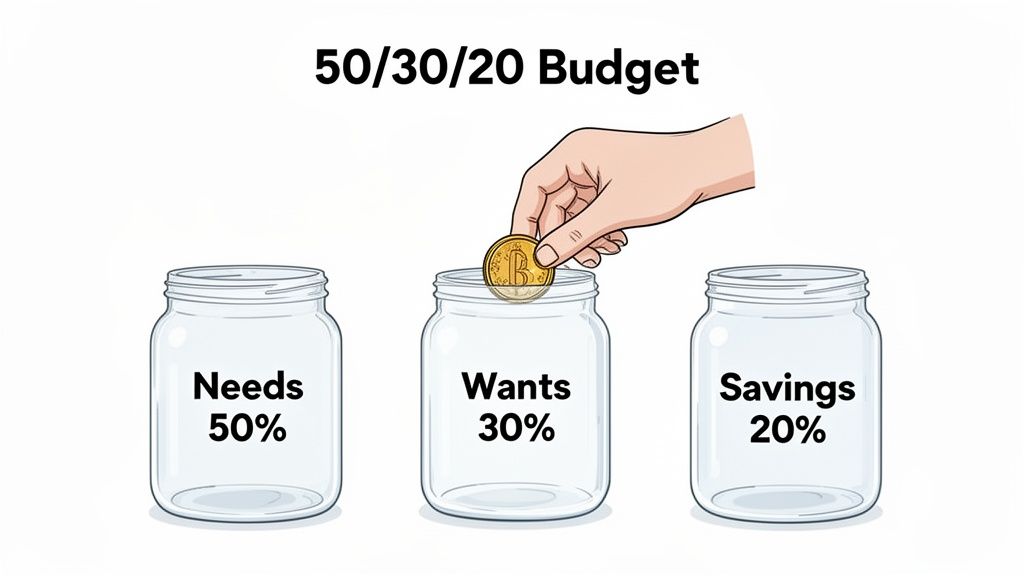 Illustration of the 50/30/20 budget rule with jars for needs, wants, and savings, showing money allocation.