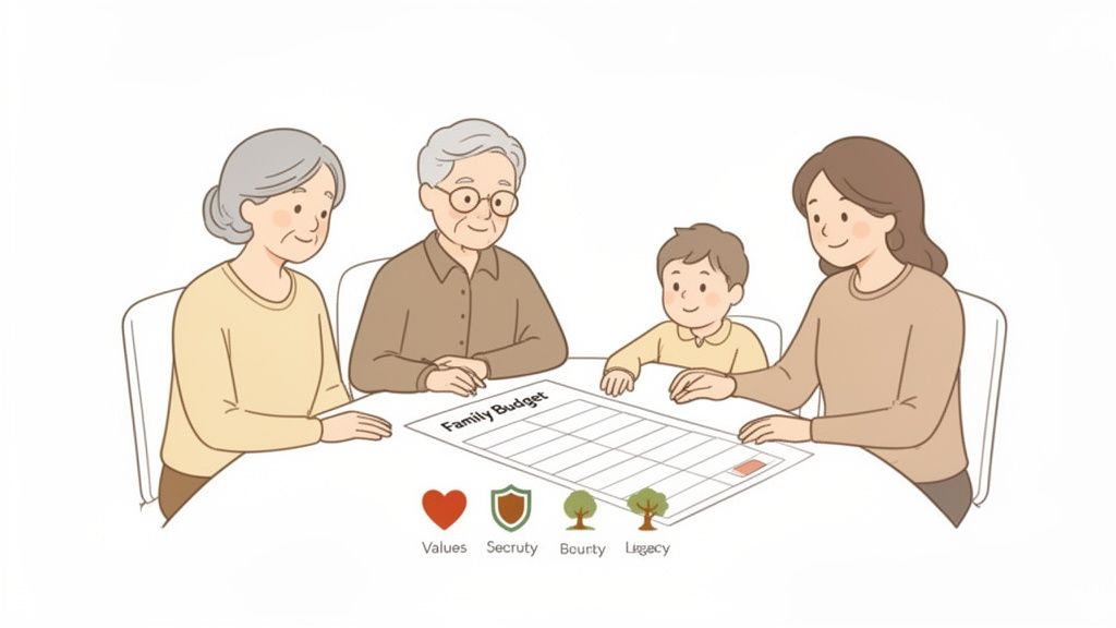 A multi-generational family reviews a 'Family Budget' sheet, discussing financial planning and future goals.