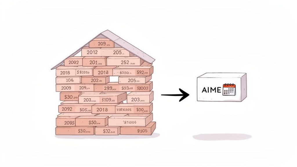 A house built from data bricks with years and amounts, pointing to an AIME box with a calendar.