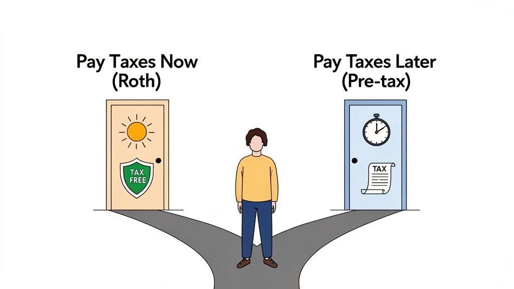 A person at a financial crossroads, choosing between Roth (pay taxes now) and Pre-tax (pay taxes later) retirement options.