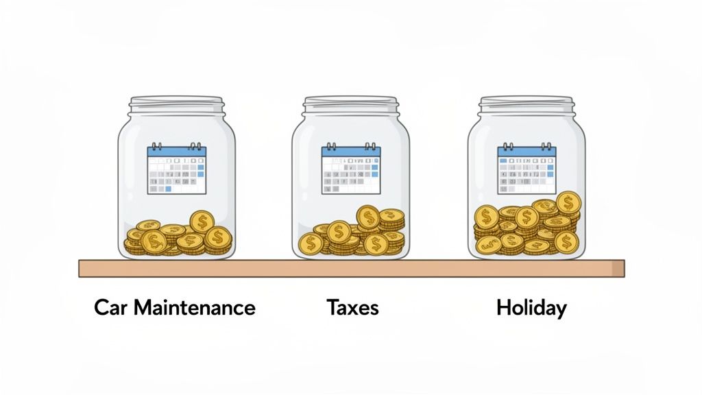Three clear jars on a shelf, labeled for car maintenance, taxes, and holiday savings, filled with gold coins and a calendar.