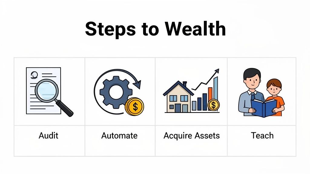 Infographic illustrating four key steps to building wealth: audit, automate, acquire assets, and teach.